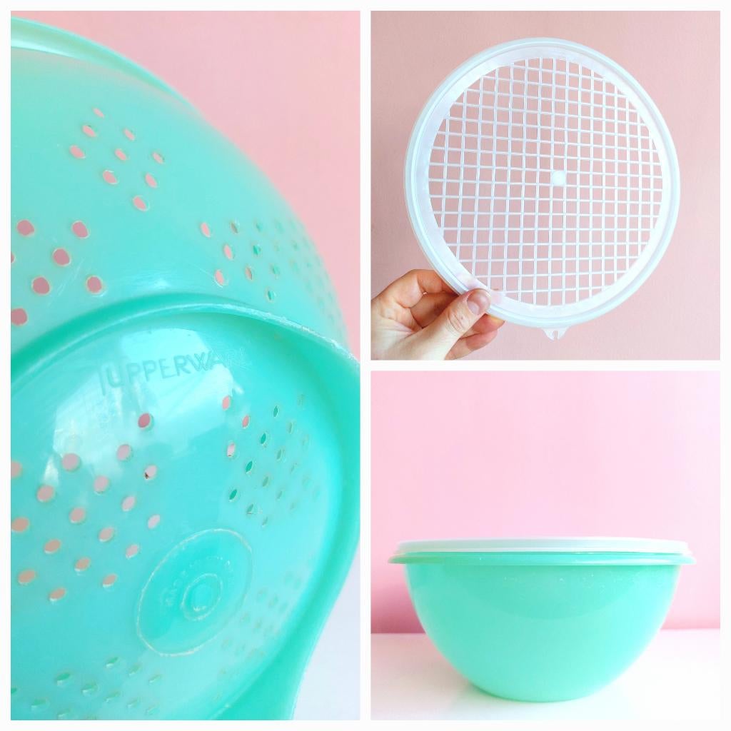 3-delige set Tupperware set - dubbele vergiet, kom jadegroen, Ophalen of Verzenden, Zo goed als nieuw, Blauw, Bak of Kom