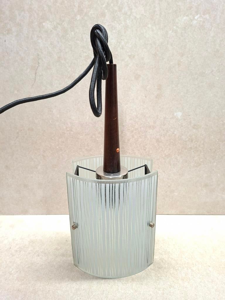Vintage Deense hanglamp met geribbeld glas en teakhout, Ophalen of Verzenden