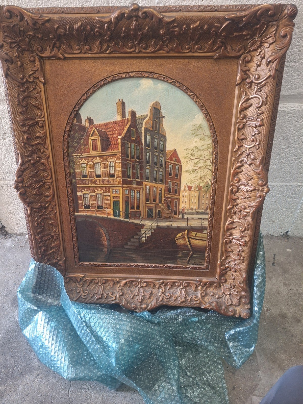 Olieverfschilderij Stadsgezicht Amsterdam Gracht H.J. Tappen, Antiek en Kunst, Doek, Ophalen of Verzenden, Klassiek, Stads- / dorpsgezicht