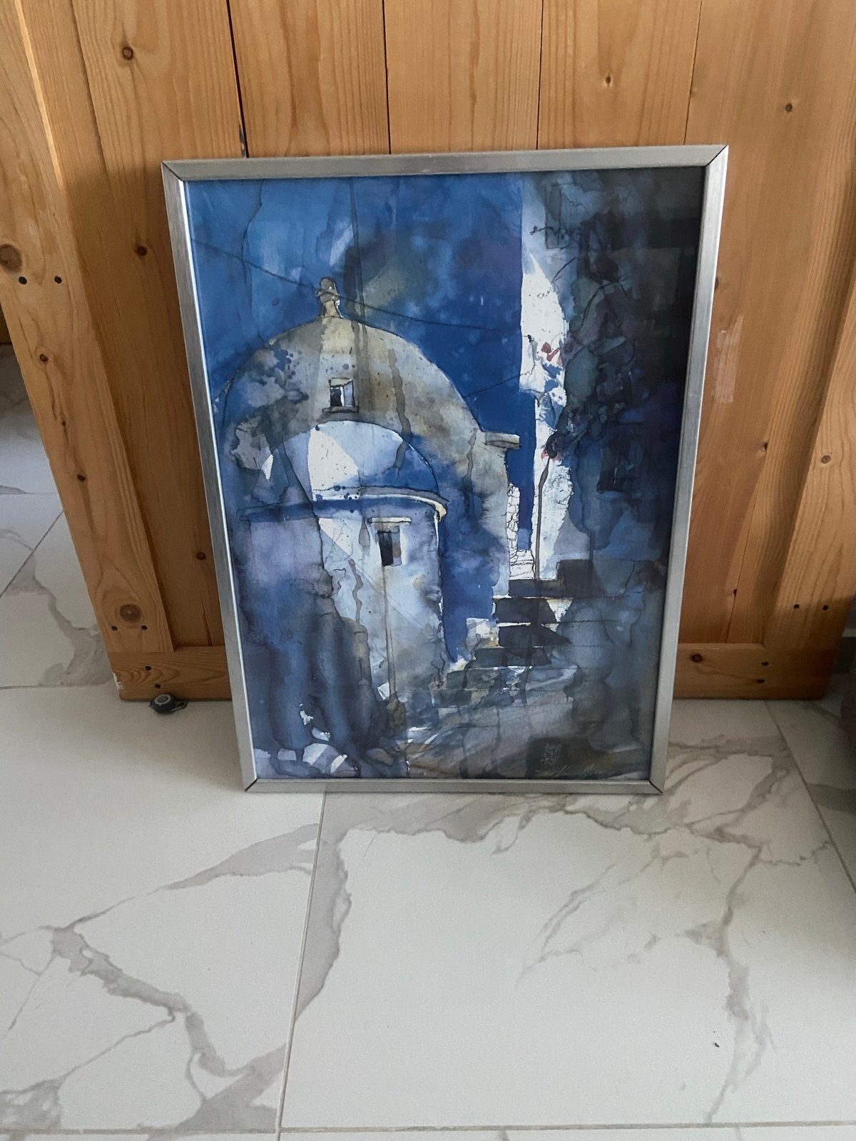 Schilderij: Blauw Stadsgezicht met Koepel en Trappen, Ophalen, Abstract, Aquarel, Ingelijst