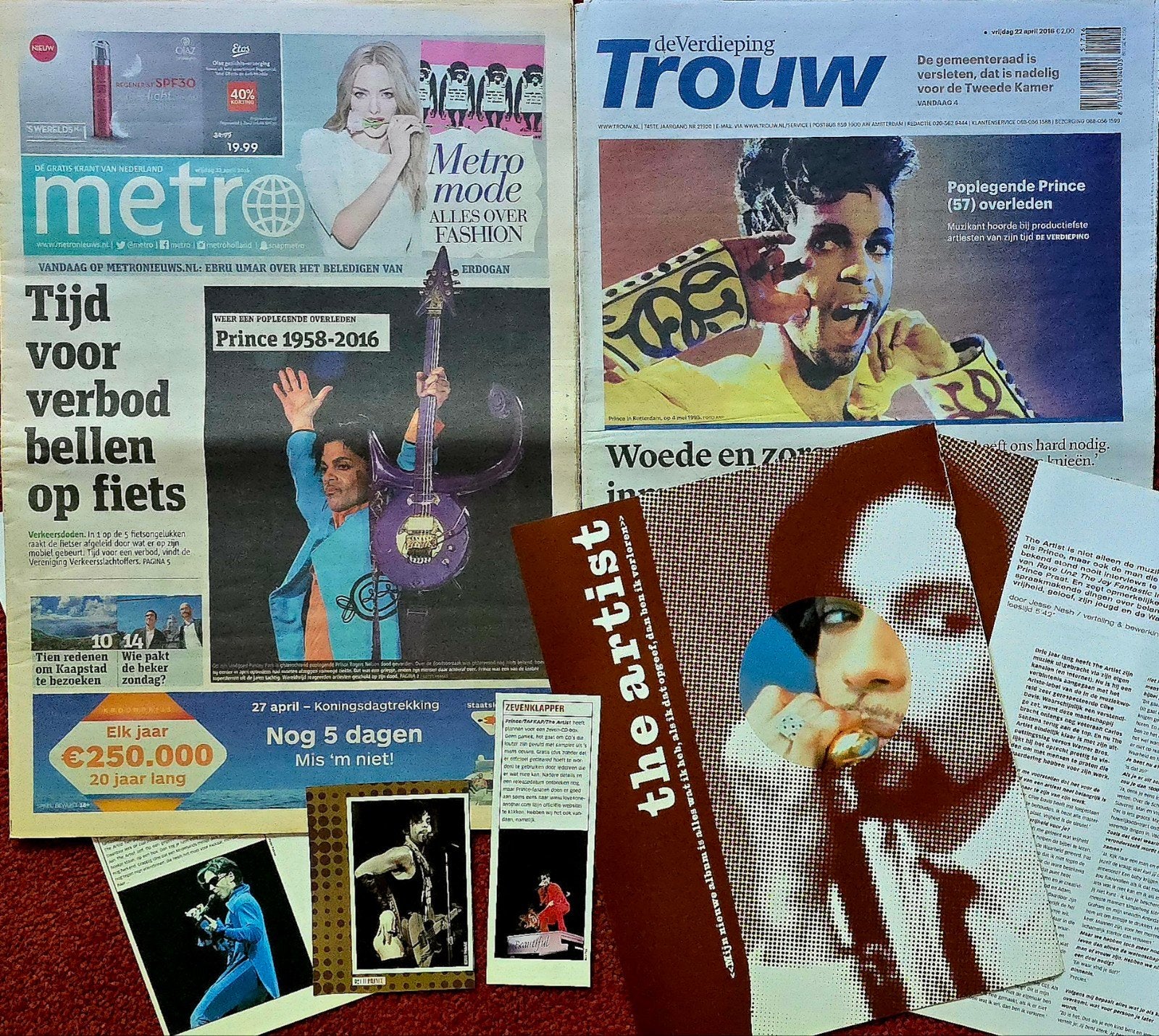 Prince: Kranten Trouw en Metro (22 april 2016) overlijden, Ophalen of Verzenden, Zo goed als nieuw, Krant