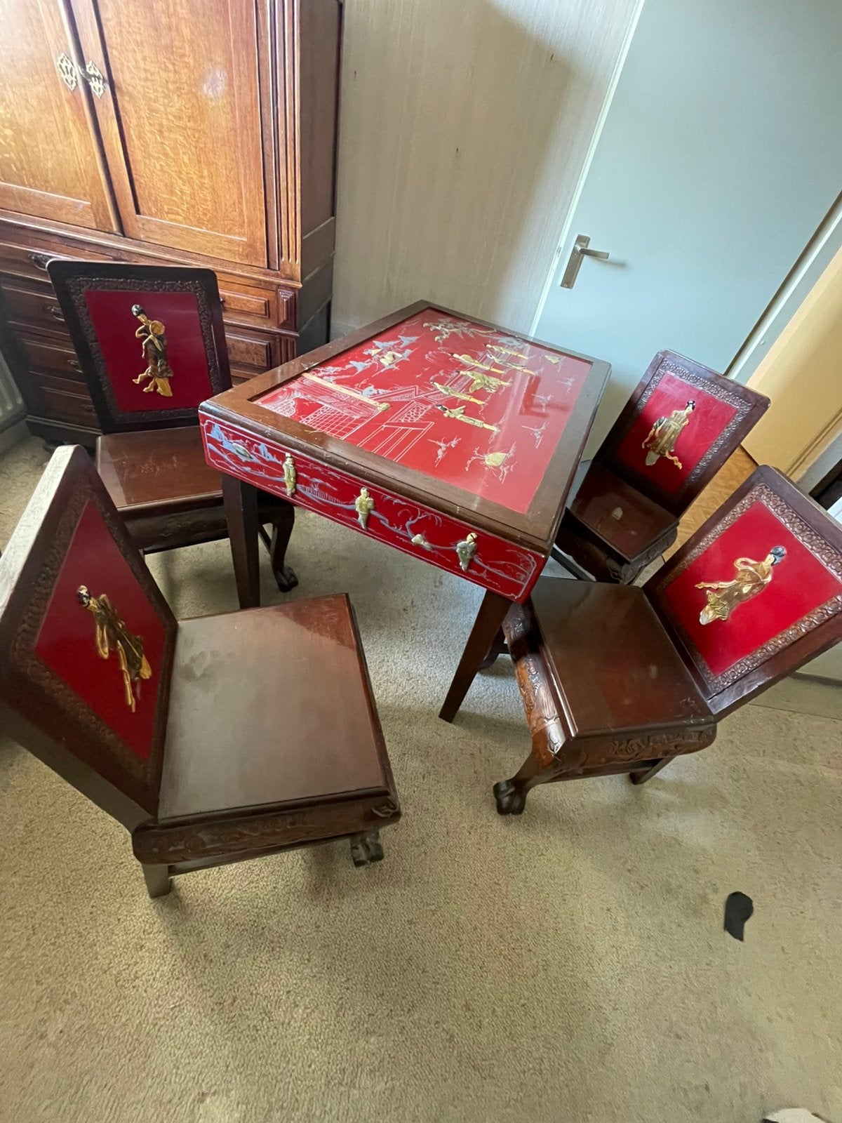 Vintage Chinese Chinoiserie Speeltafel Theetafel + 4 Stoelen, Antiek en Kunst, Antiek | Meubels | Tafels, Ophalen