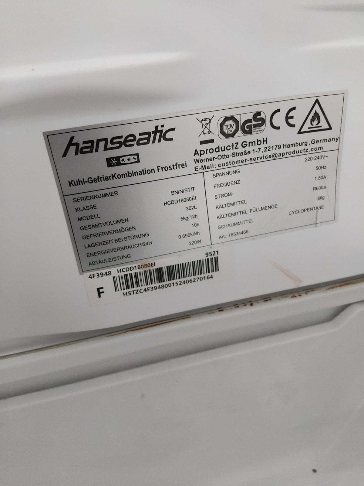 Hanseatic Koel-vriescombinatie - RVS look - Gebruikt, Witgoed en Apparatuur, Koelkasten en IJskasten, Gebruikt, Met aparte vriezer