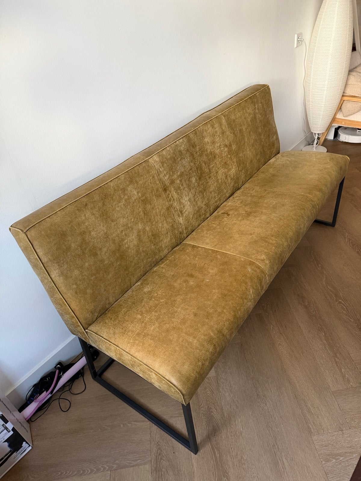 Leren eetkamerbank - okergroen, Ophalen, Minder dan 75 cm, 150 tot 200 cm, Driepersoons