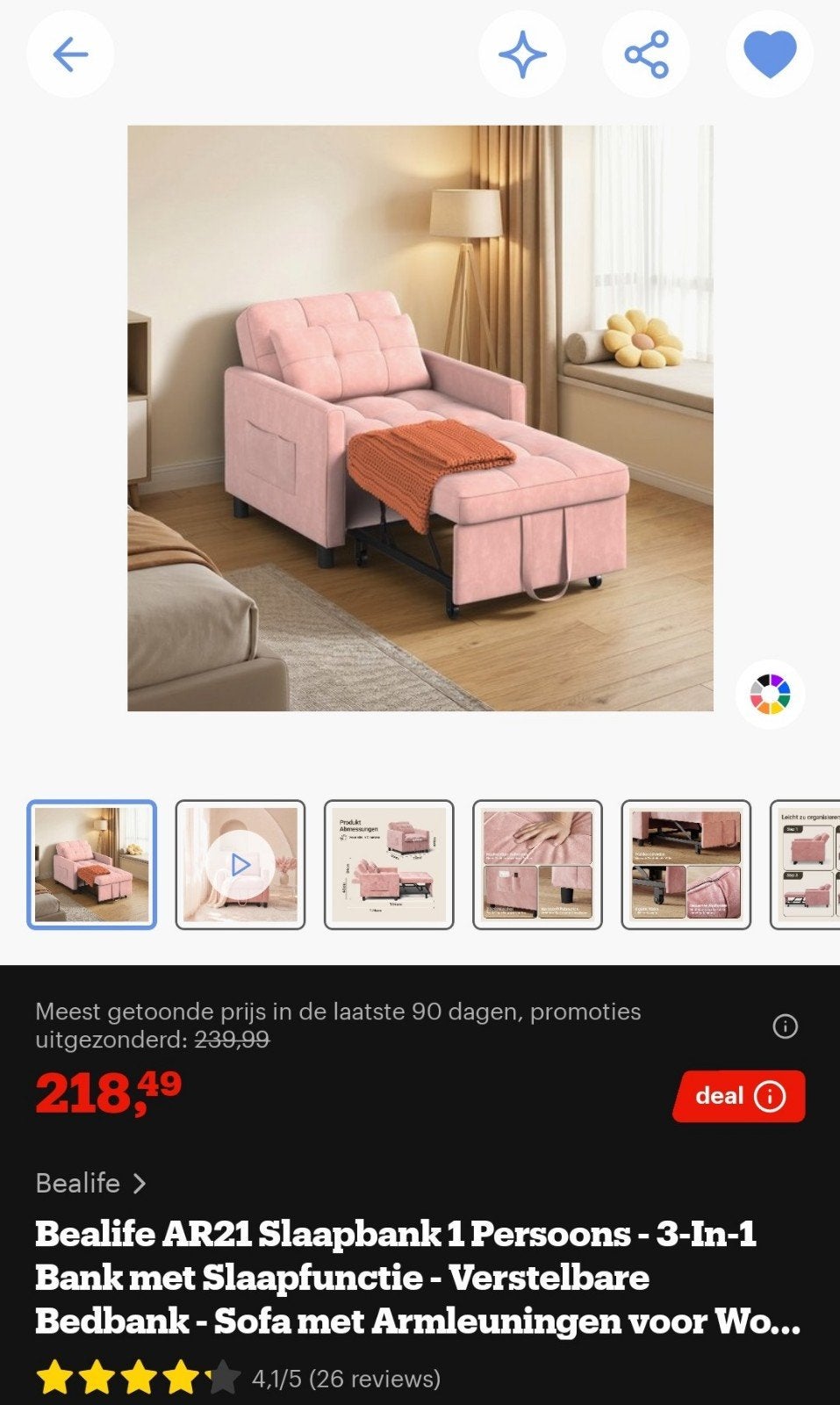 Roze 3-in-1 slaapbank/fauteuil met uitschuifbaar voeteneind, Ophalen of Verzenden