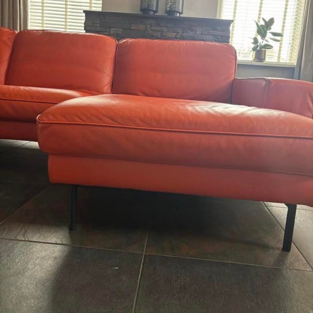 Oranje Leren Hoekbank - Montel, Huis en Inrichting, Banken | Bankstellen, Ophalen, 250 tot 300 cm, 100 tot 125 cm, Hoekbank