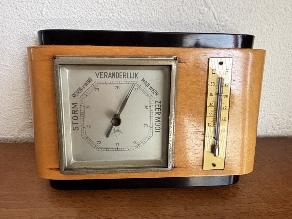 Origineel Vintage Nobla Weerstation /Barometer Hout 25x16 cm, Ophalen of Verzenden