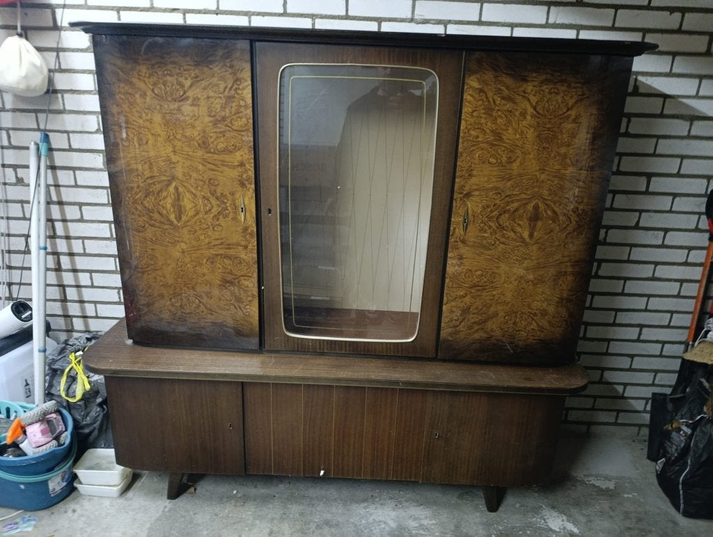 Vintage jaren 50 buffetkast met bar – vermoedelijk Duits, Ophalen, Gebruikt, Glas, 150 tot 200 cm