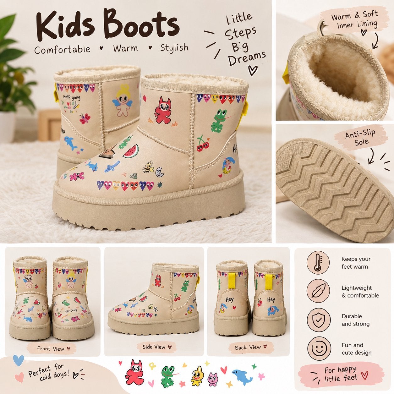 Humberto Cruz Mini Platform Boots (Beige met Doodle Print), Jongen of Meisje, Nieuw, Ophalen of Verzenden, Laarzen