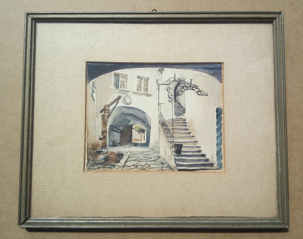 AQUAREL SAVEINE 1949 DW INGELIJST BINNENPLAATS, Antiek en Kunst, Kunst | Schilderijen | Klassiek, Verzenden