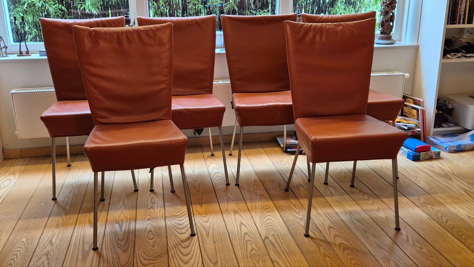 6 leren stoelen, Gerard van den Berg., Huis en Inrichting, Ophalen, Gebruikt, Leer, Vijf, Zes of meer stoelen