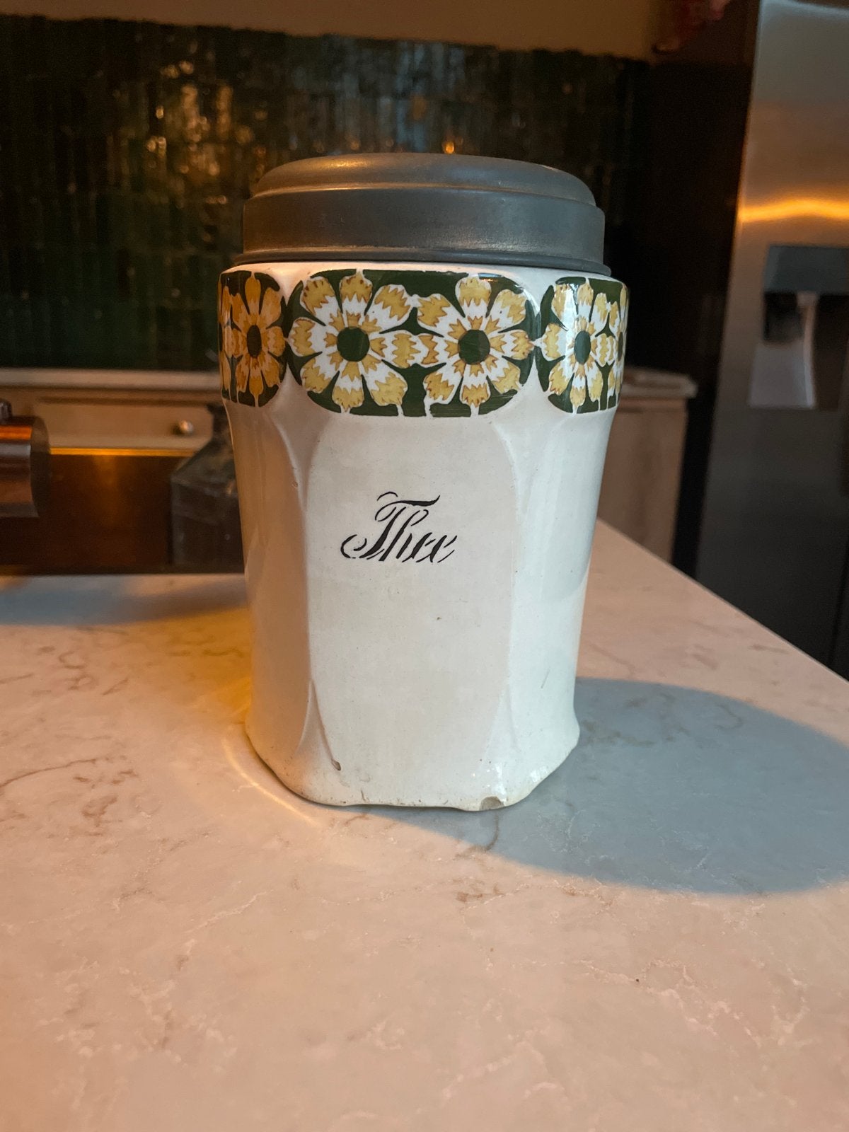 Antieke Theebus met Bloemenpatroon en Tin Deksel, Ophalen of Verzenden
