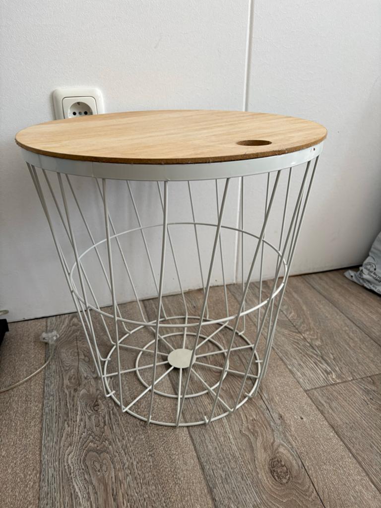 Bijzettafel met metalen mand en houten blad - Ø39 H40cm, Huis en Inrichting, Tafels | Bijzettafels, Ophalen, Minder dan 45 cm