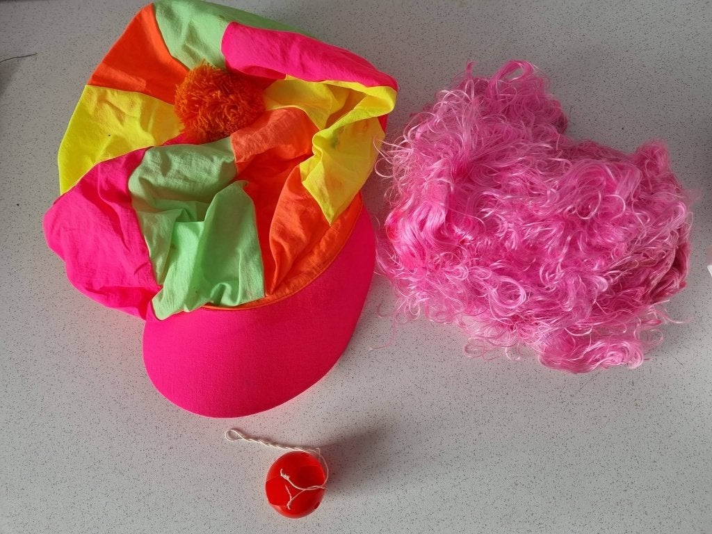 clown carnavalspak carnaval pak roze pruik, Ophalen of Verzenden, Zo goed als nieuw, Carnaval, Kleding