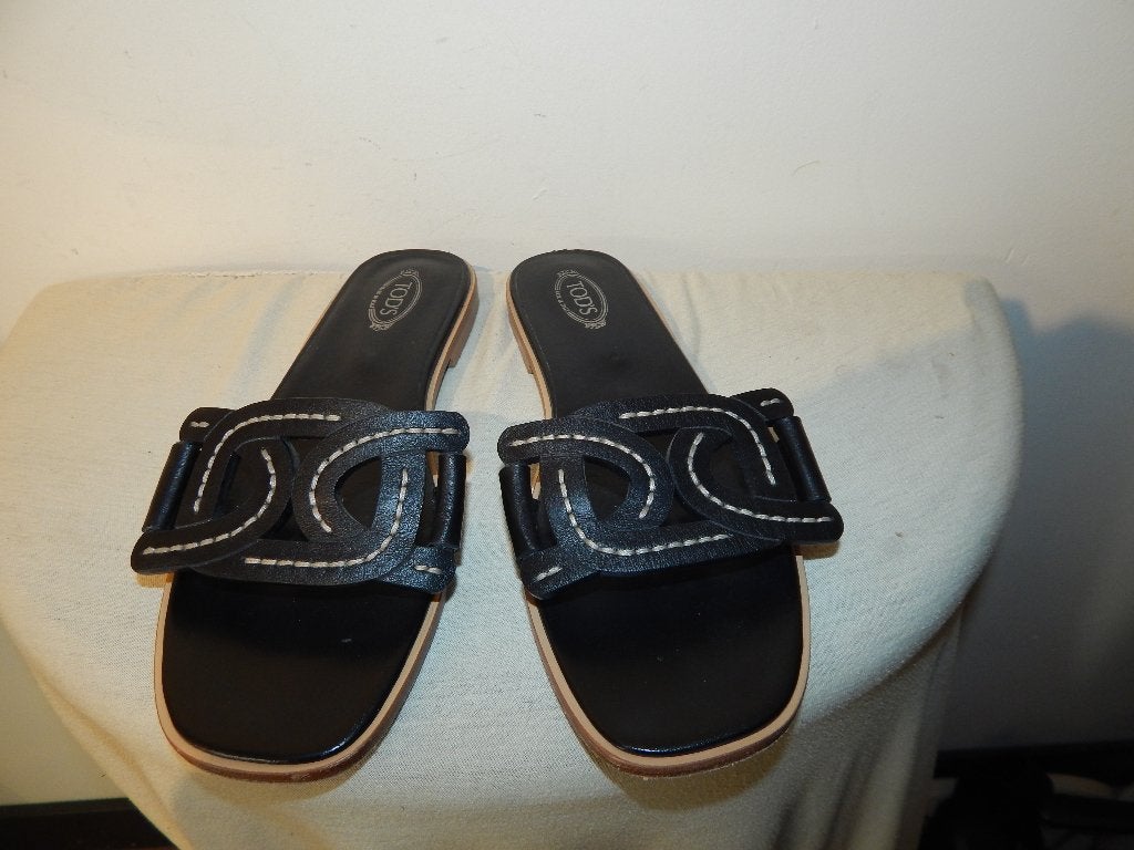 Tod's leren slippers sier band stiksel open gewerkt mt 38, Kleding | Dames, Schoenen, Verzenden, Zwart, Sandalen of Muiltjes, Zo goed als nieuw