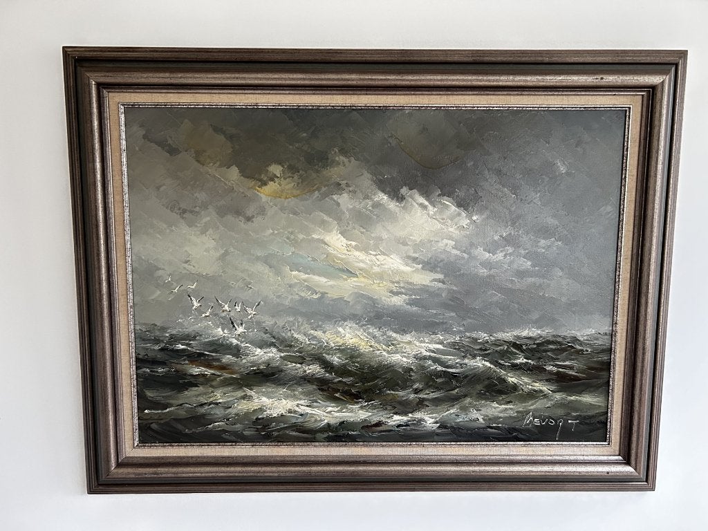 Groot schilderij Johannes Bévort – woeste zee, Ophalen, Maritiem / water, Doek, Impressionistisch