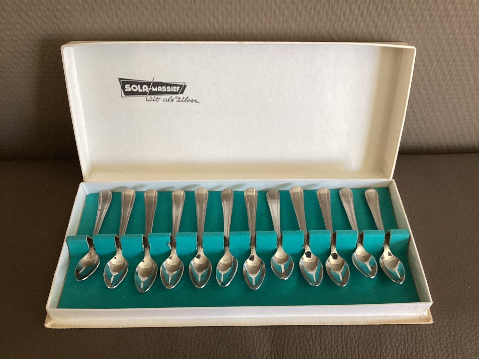 Sola Massief lepeltjes “Wit als zilver” in originele doos, Ophalen of Verzenden