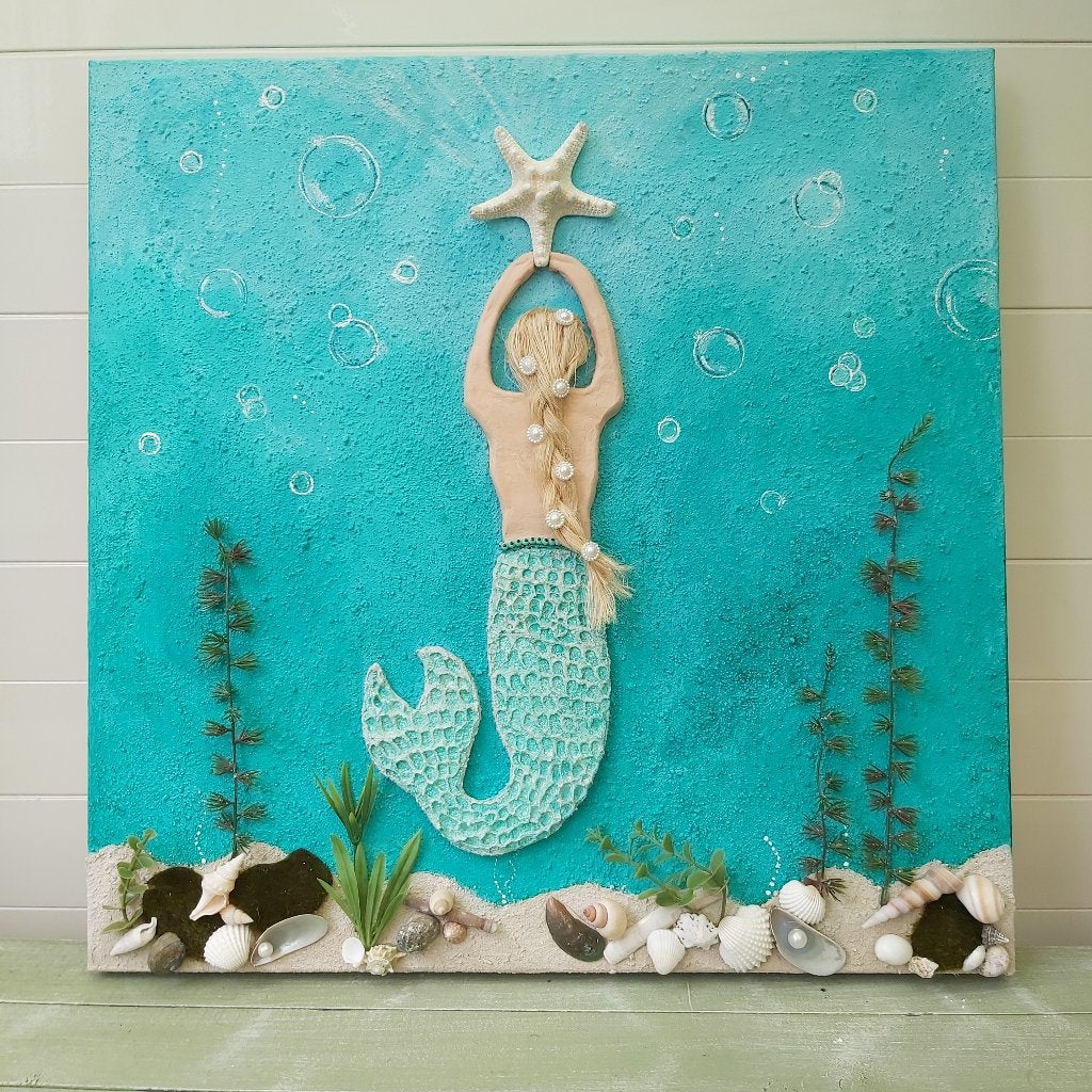 NIEUW! Turquoise 3D schilderij met zeemeermin, Ophalen of Verzenden, Met textuur, Gemengde techniek