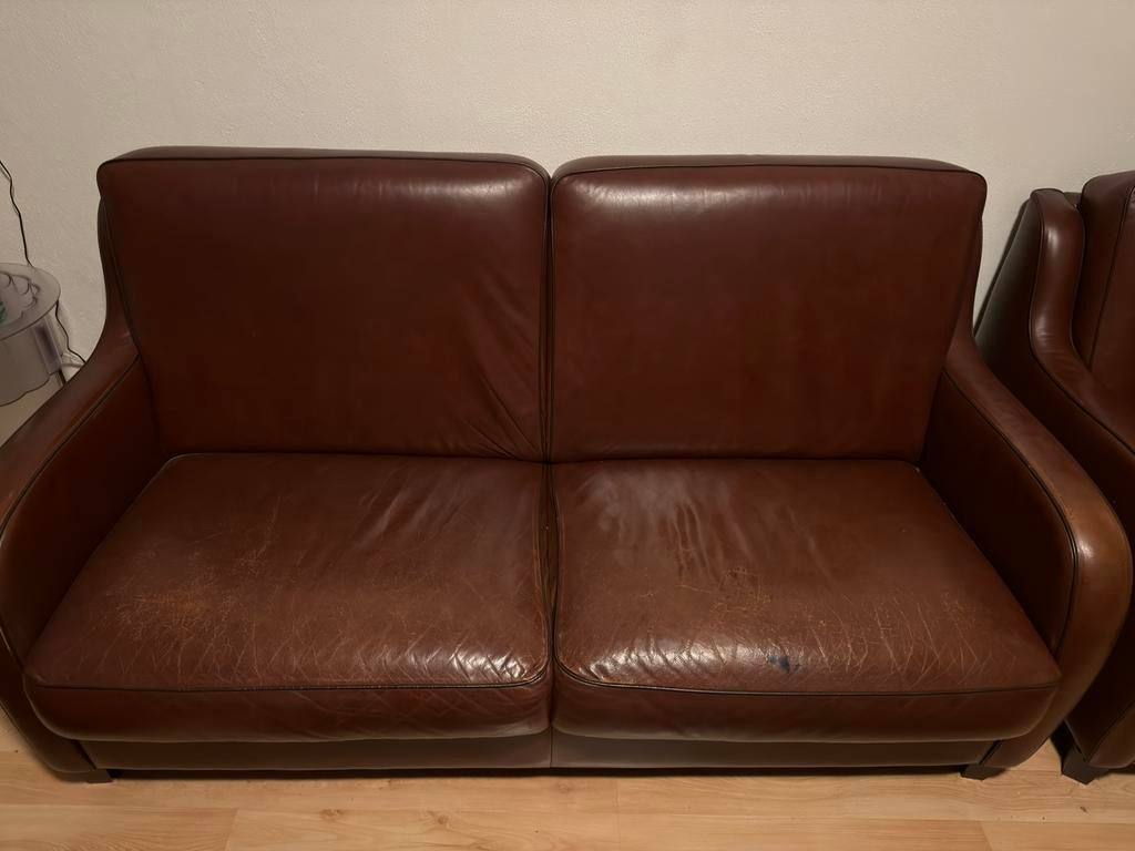 Leren bank en leren stoelen, Ophalen, Tweepersoons, Zo goed als nieuw, Rechte bank