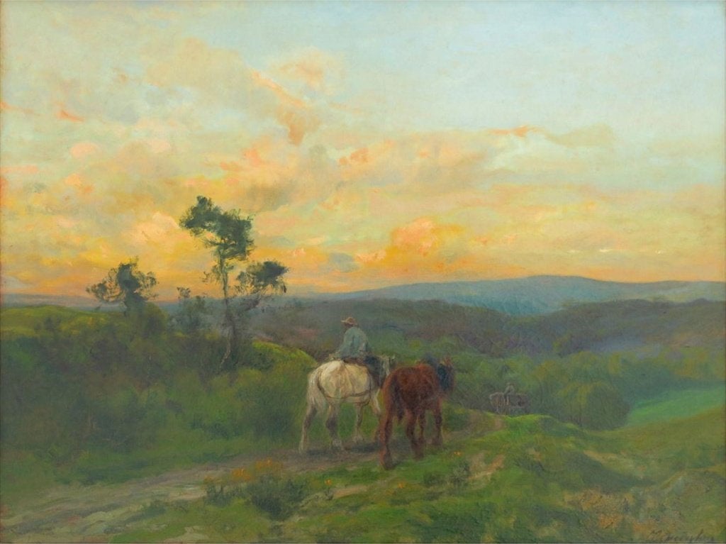 GROOT OLIEVERFSCHILDERIJ CLEMENT QUINTON - landschap paarden, Ophalen, Bijzondere lijst, Olieverf, Doek