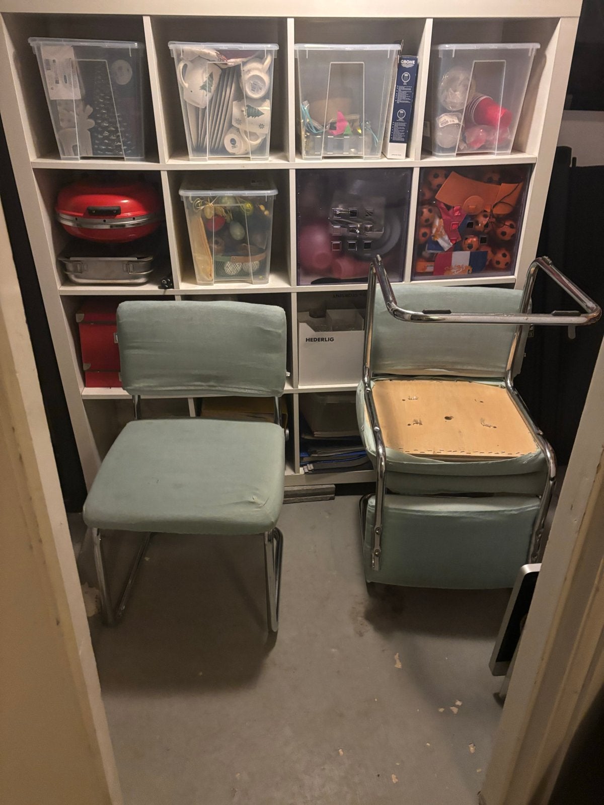 Blauwe stoelen met chromen frame - 6 stuks, Ophalen, Gebruikt, Overige kleuren, Metaal