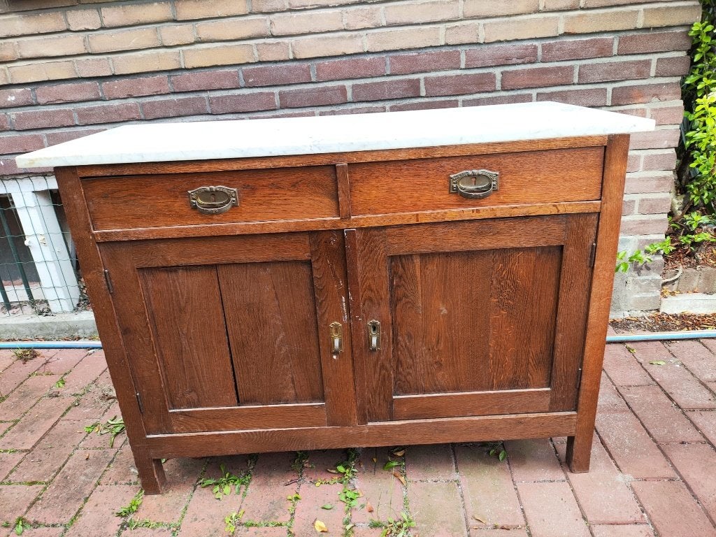Antieke wastafel kast, met marmeren blad helemaal gaaf!, Antiek en Kunst, Ophalen