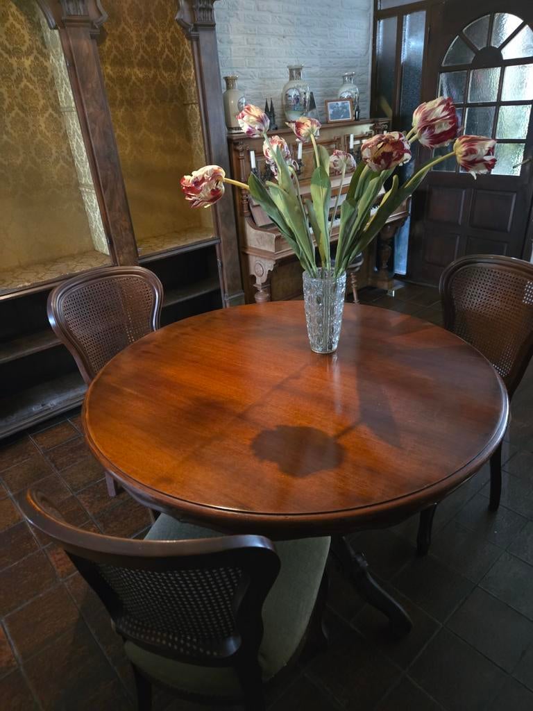 Prachtige mahonie  eethoek met kolom tafel, Huis en Inrichting, Tafels | Eettafels, Ophalen, Rechthoekig, 200 cm of meer, 50 tot 100 cm