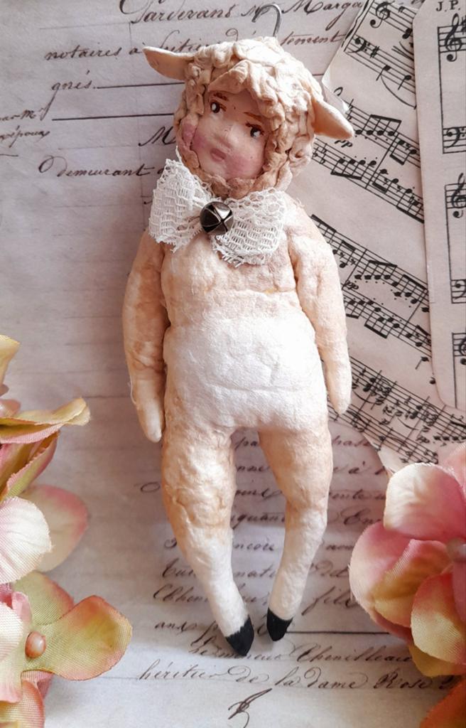 Schattig brocante wattenpop Schaap met belletje Spun Cotton, Antiek en Kunst, Curiosa en Brocante, Ophalen of Verzenden