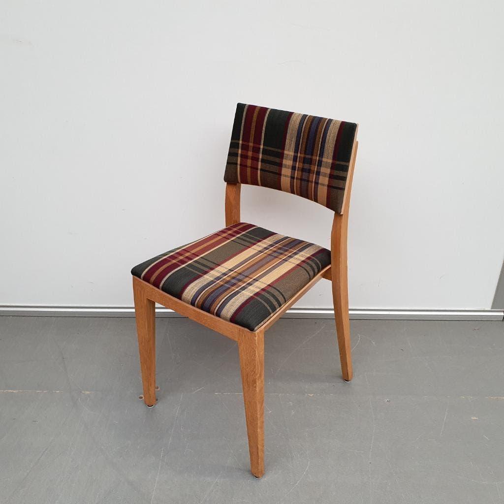 SATELIET houten stoel met  NIEUWE Villard bekleding, Ophalen, Gebruikt, Bruin, Vijf, Zes of meer stoelen