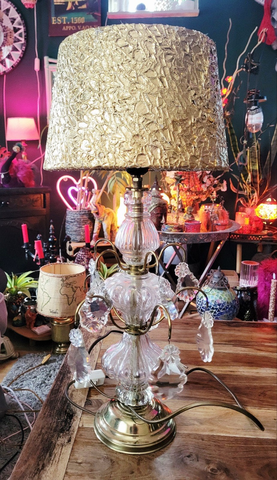 Prachtige vintage Hollywood Regency kristallen tafellamp 60c, Goud, Ophalen of Verzenden, Zo goed als nieuw, Glas