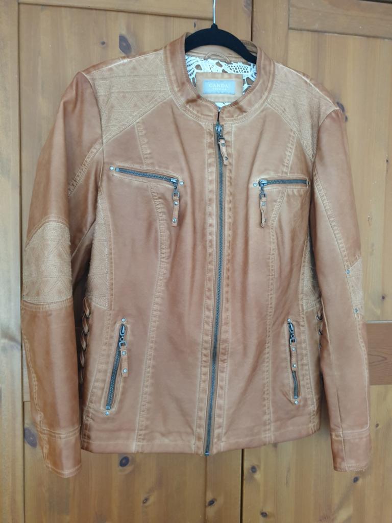 Bruin leatherlook jasje met leuke afwerking, maat 44, Ophalen of Verzenden, Gedragen, Maat 42/44 (L), Bruin