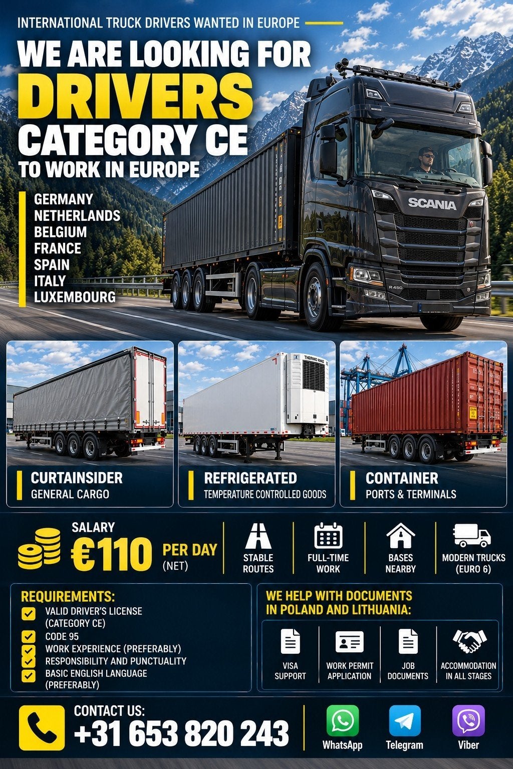 Work for truck drivers category C and CE, Vacatures, 33 - 40 uur, Overige niveaus, Starter, Overige vormen