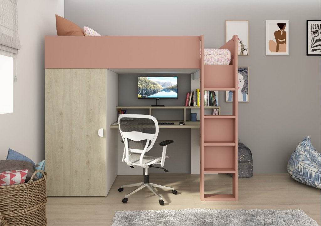 Flow hoogslaper met bureau en kast - 90x200 - Eiken/roze, Niet ingevuld, Niet ingevuld, Niet ingevuld