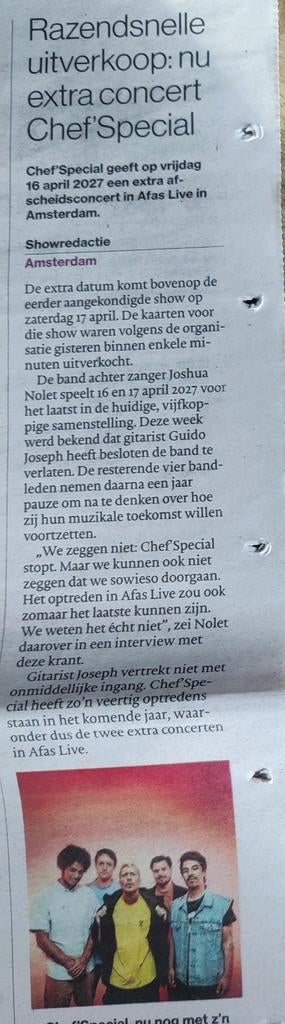 Chef'Special Razendsnelle uitverkoop ,extra concert krantart, Ophalen of Verzenden, 1980 tot heden, Knipsel(s)