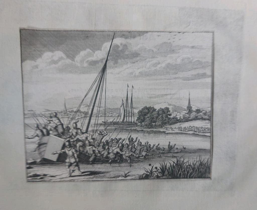13 / Soldaten verlaten zinkend schip op de Rijn C Commelin, Militair, 15 cm, 11 cm, 1600 - 1699