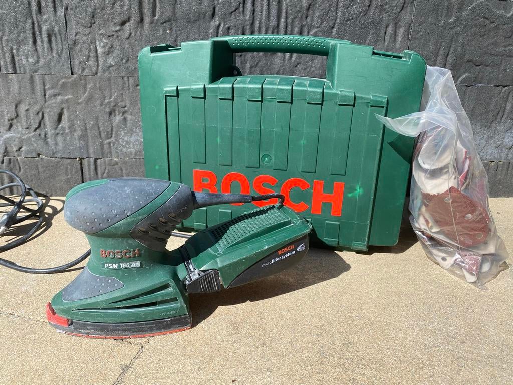 Bosch PSM 160 A Multischuurmachine met koffer en schuurpads, Ophalen, Gebruikt, Minder dan 600 watt, Overige typen