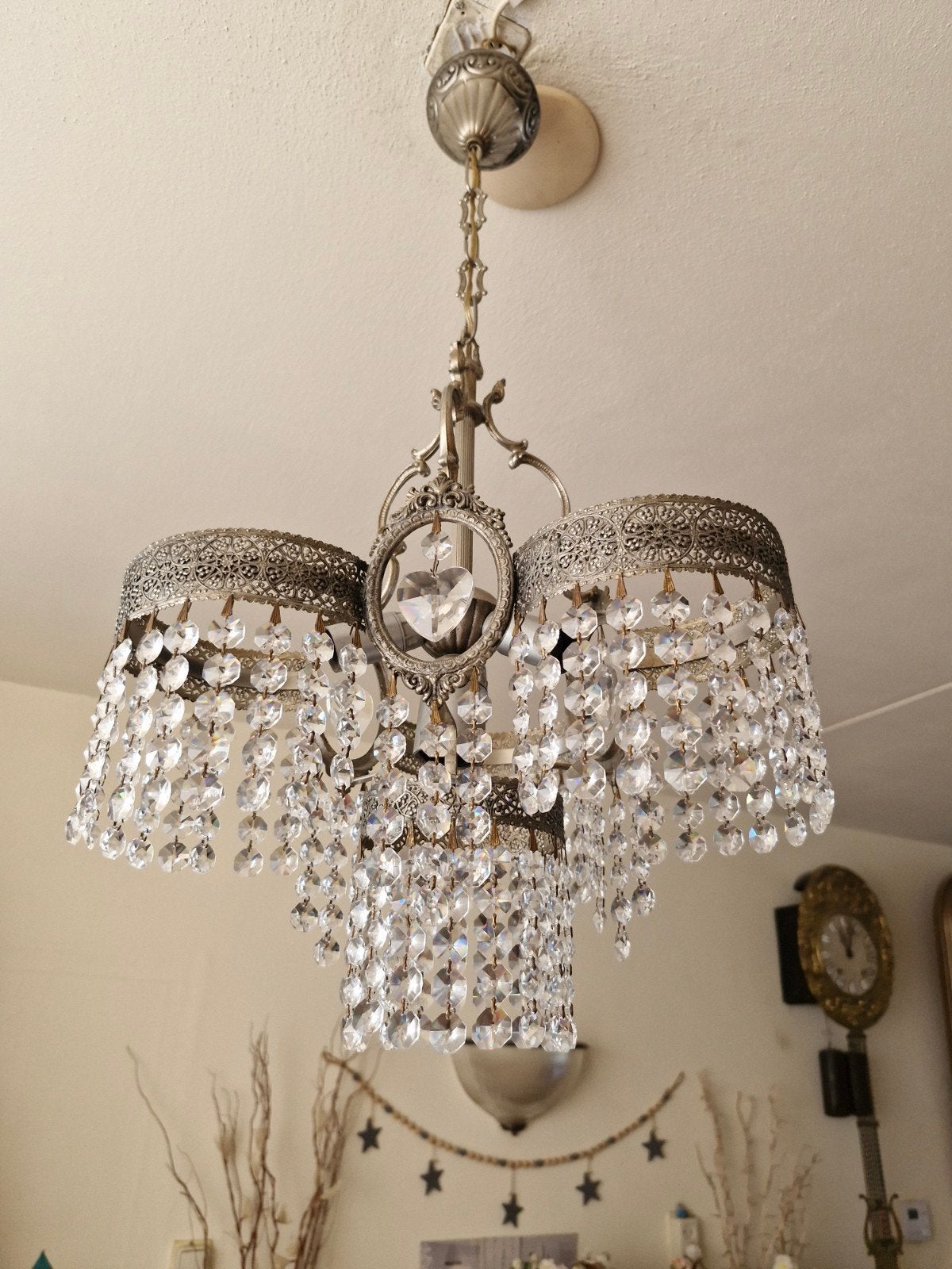 Gave kristallen kroonluchter zilver kleur met 3 hartjes, Huis en Inrichting, Lampen | Kroonluchters, Ophalen of Verzenden