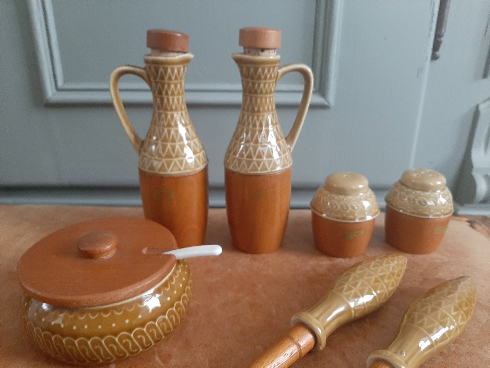 vintage set bruin met mosterdgeel/ 7 delig, Ophalen of Verzenden, Huis en Inrichting