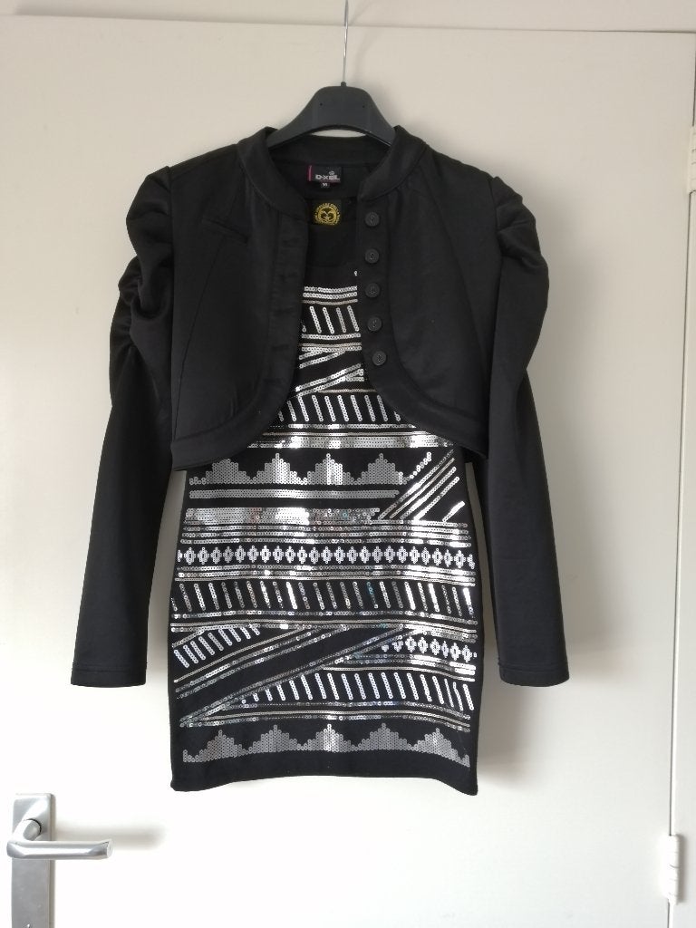 Jurk met Jasje - maat 146-152 en 14 - Zwart met Glitters, Coolcat, Zo goed als nieuw, Jurk of Rok, Verzenden