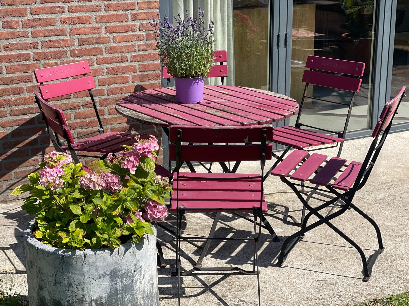 Amstel Bier Tuinset - Rood Houten Klapstoelen en Tafel, Tuin en Terras, Tuinsets en Loungesets, 4 zitplaatsen, Gebruikt, Eettafel