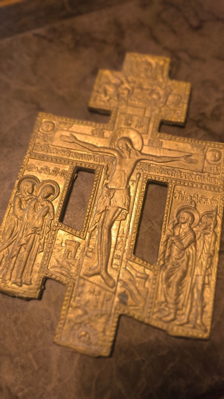 Antiek Russisch-orthodox kruisbeeld/kiotkruis | Messing / br, Ophalen of Verzenden