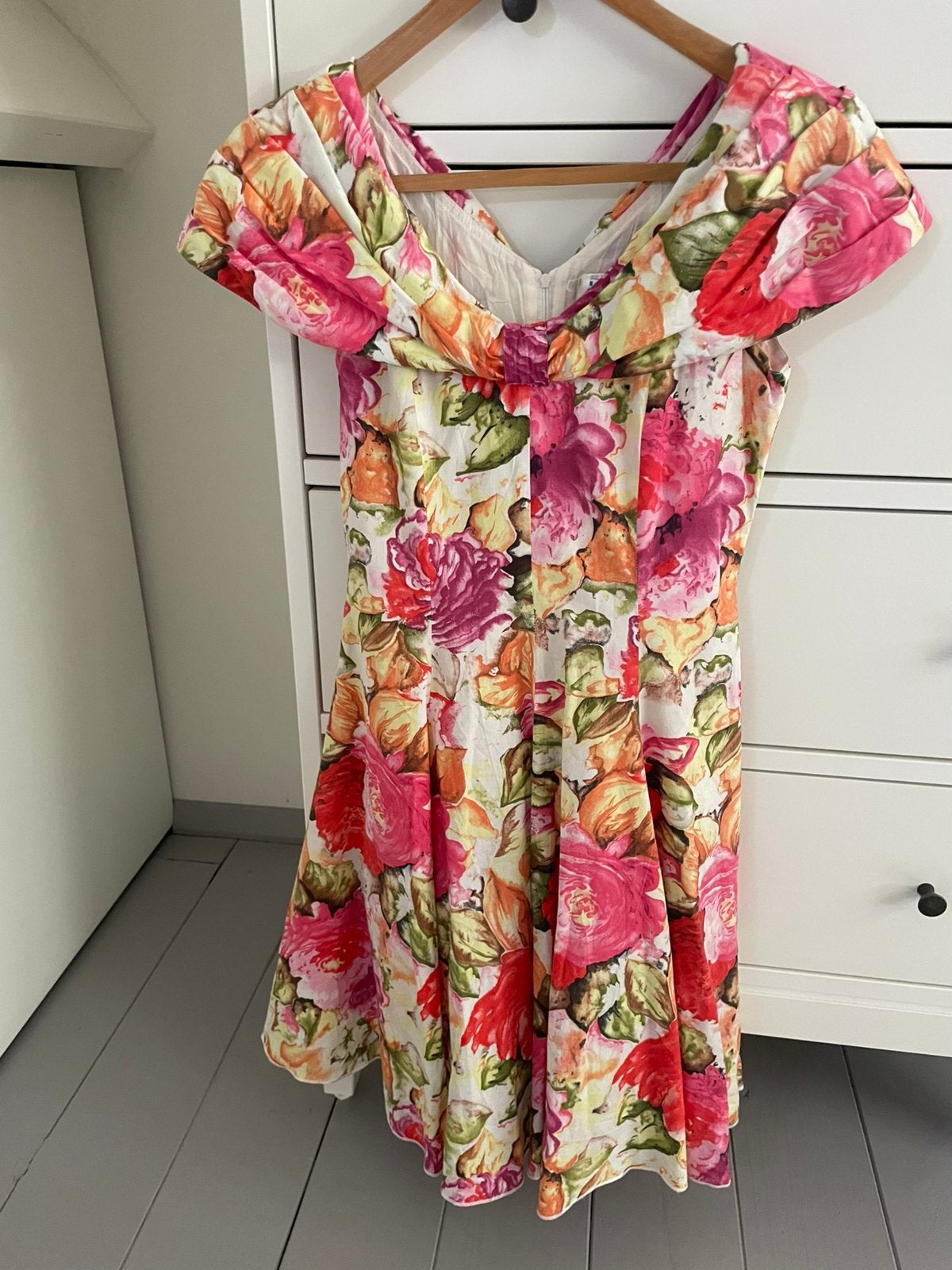 Zomerjurk vintage feestjurk met bloemen rozen geel met roze, Ophalen of Verzenden, Gedragen, Maat 36 (S), Roze