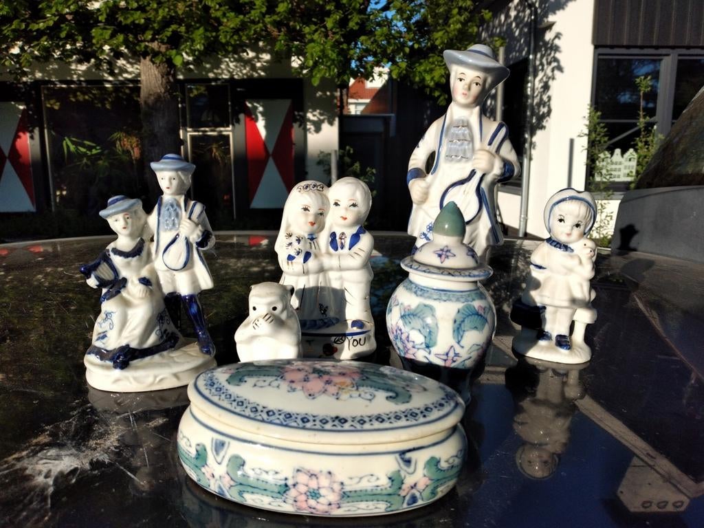 Delfts Blauw beeldjes en doosje - set van 8, Antiek en Kunst, Antiek | Porselein, Ophalen of Verzenden