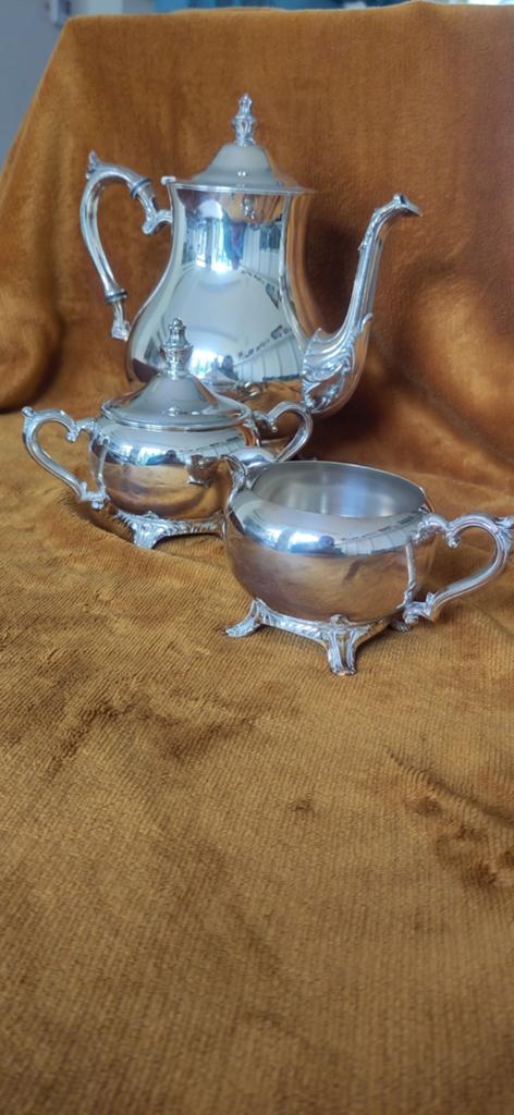 Antiek Verzilverd  Theeservies - Theepot, Suikerpot, Melkkan, Verzenden, Zilver