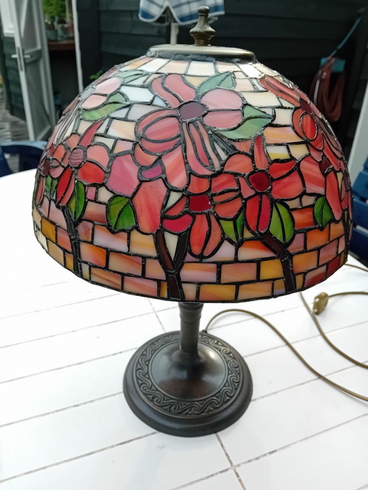 Prachtige Tiffany Tafellamp met Bloemenmotief, Gebruikt, Tiffany lamp, 43 cm, E14 (klein)