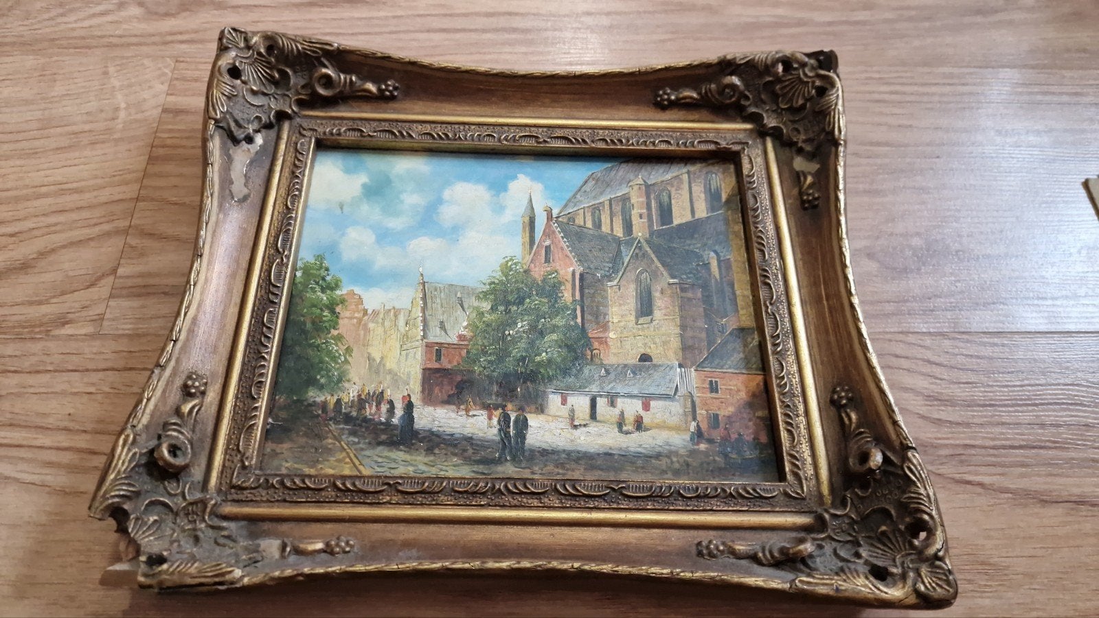 Oud olieverf schilderij met stadsgezicht, mogelijk Engels, Doek, Ophalen of Verzenden, Olieverf, Klassiek
