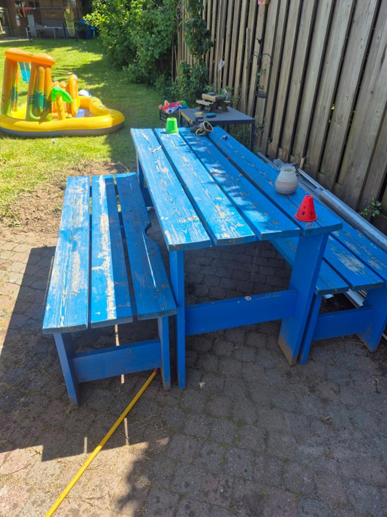 Picknicktafel met bankjes, Tuin en Terras, Ophalen, Gebruikt, Rechthoekig, Hout