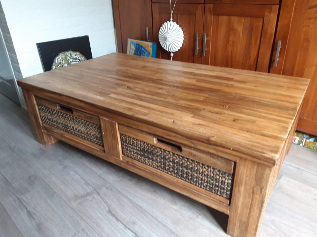 Prachtige acaciahouten salontafel, Ophalen, Gebruikt, 100 tot 150 cm, 50 tot 100 cm
