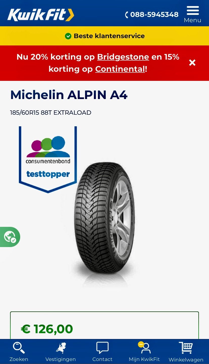 Michelin Alpin A4 winterbanden 185/60 R15 88T XL – set van 4, Ophalen, Gebruikt, 15 inch, Band(en)