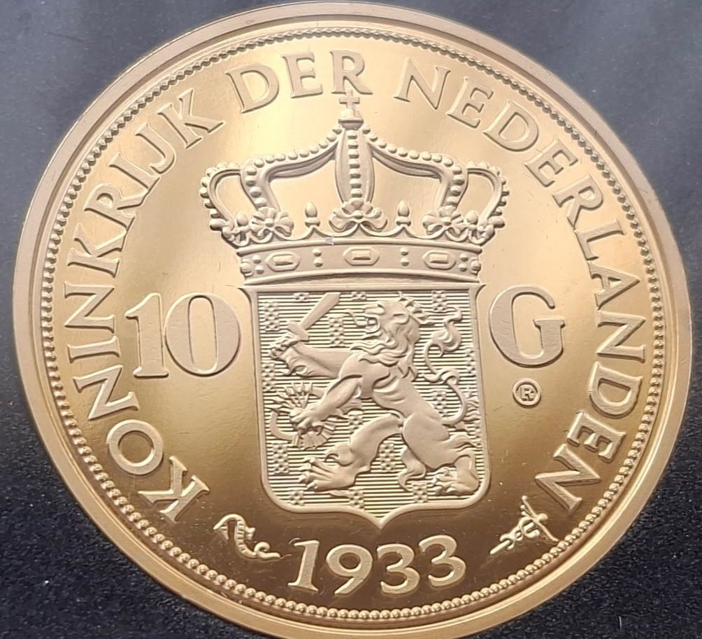 Originele Herslag 10 Gulden 1933 - Wilhelmina, Postzegels en Munten, Penningen en Medailles, Verzenden, Brons, Nederland